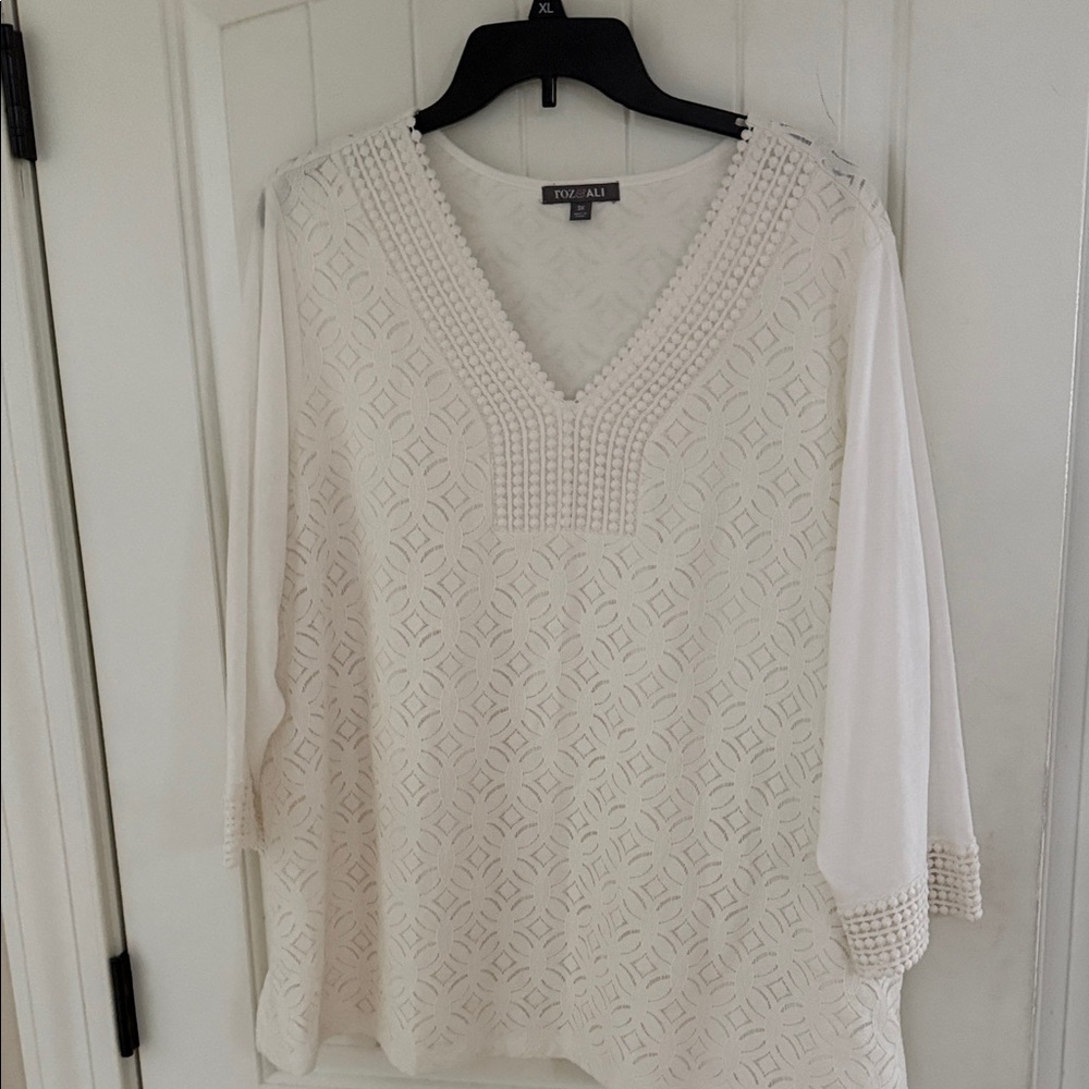 Roz & Ali Cream Textured 3/4 Sleeve V Neck Tunic Top Size 3X